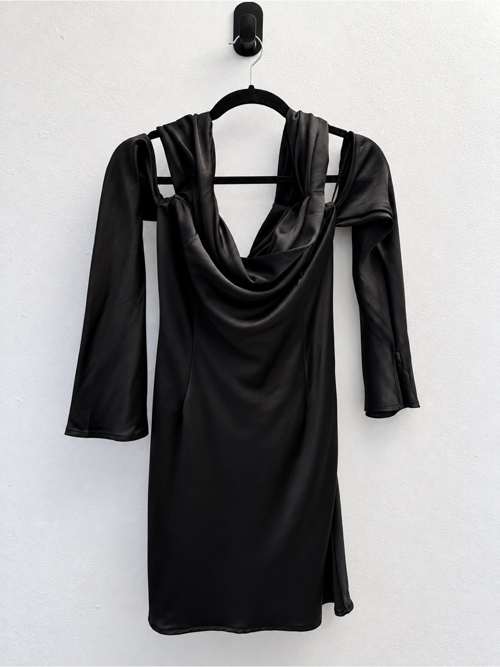 Black Satin Cowl Neck Long Sleeve Mini Dress